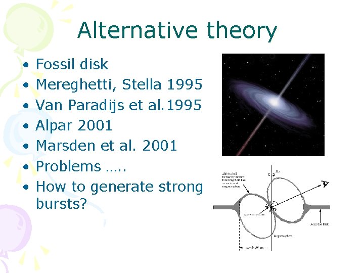 Alternative theory • • Fossil disk Mereghetti, Stella 1995 Van Paradijs et al. 1995