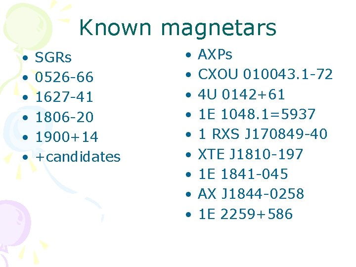 Known magnetars • • • SGRs 0526 -66 1627 -41 1806 -20 1900+14 +candidates