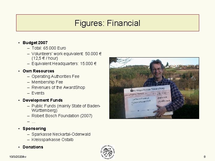 Figures: Financial • Budget 2007 – Total: 65. 000 Euro – Volunteers’ work equivalent: