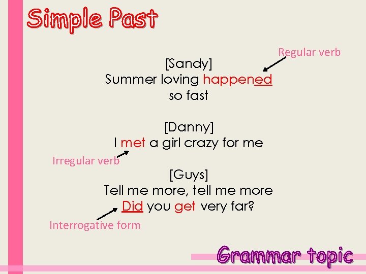 [Sandy] Summer loving happened so fast [Danny] I met a girl crazy for me