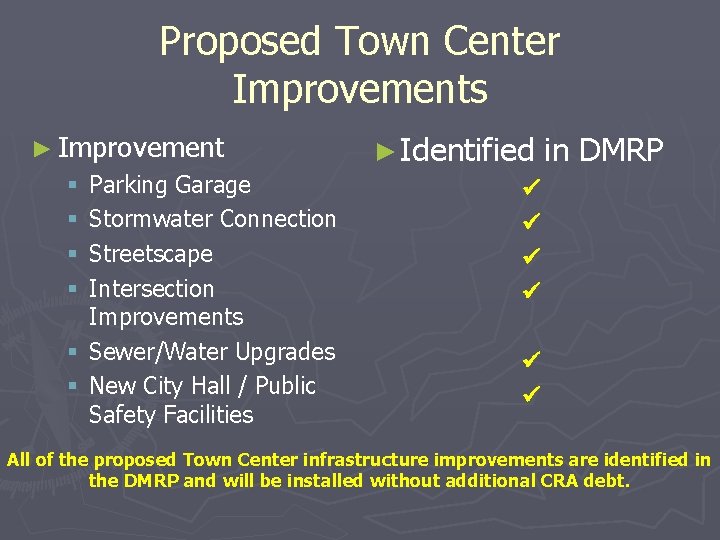 Proposed Town Center Improvements ► Improvement Parking Garage Stormwater Connection Streetscape Intersection Improvements §