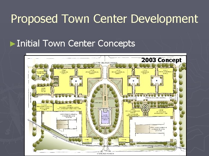 Proposed Town Center Development ► Initial Town Center Concepts 2006 2003 Concept 