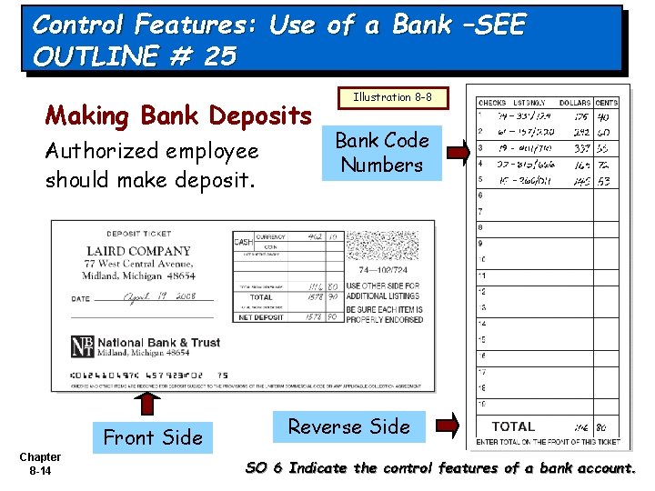 Control Features: Use of a Bank –SEE OUTLINE # 25 Making Bank Deposits Authorized