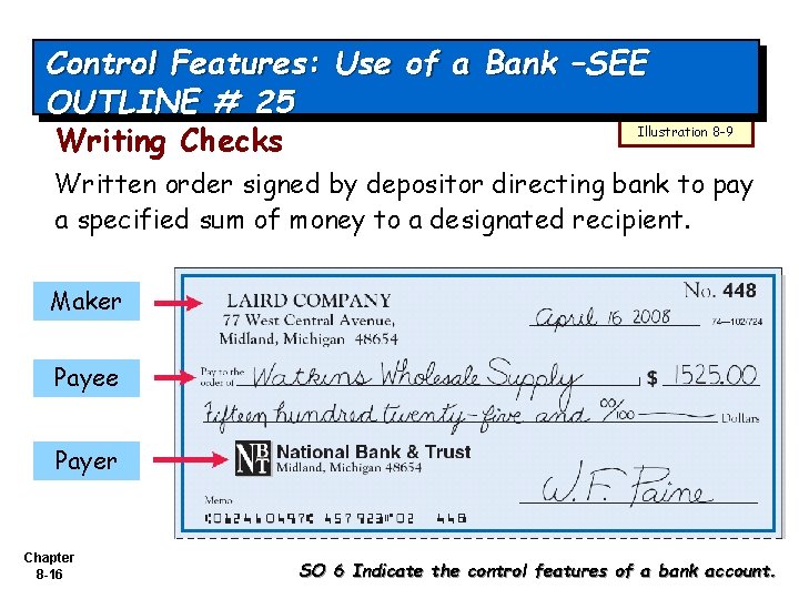 Control Features: Use of a Bank –SEE OUTLINE # 25 Illustration 8 -9 Writing