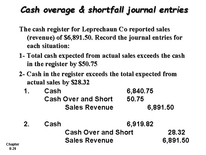 Cash overage & shortfall journal entries The cash register for Leprechaun Co reported sales