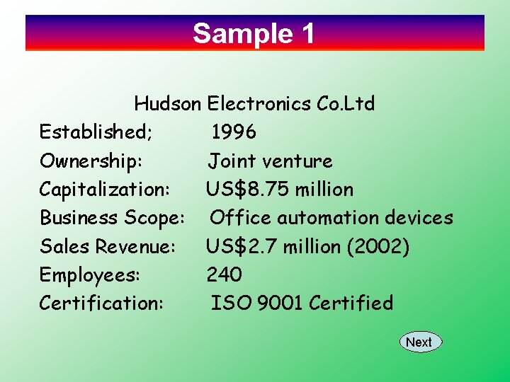 Sample 1 Hudson Electronics Co. Ltd Established; 1996 Ownership: Joint venture Capitalization: US$8. 75