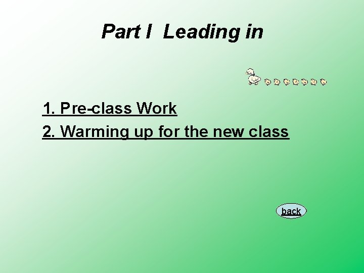 Part I Leading in 1. Pre-class Work 2. Warming up for the new class