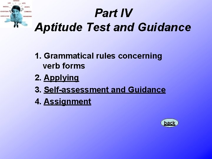 Part IV Aptitude Test and Guidance 1. Grammatical rules concerning verb forms 2. Applying