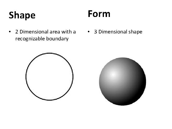 Shape Form • 2 Dimensional area with a recognizable boundary • 3 Dimensional shape