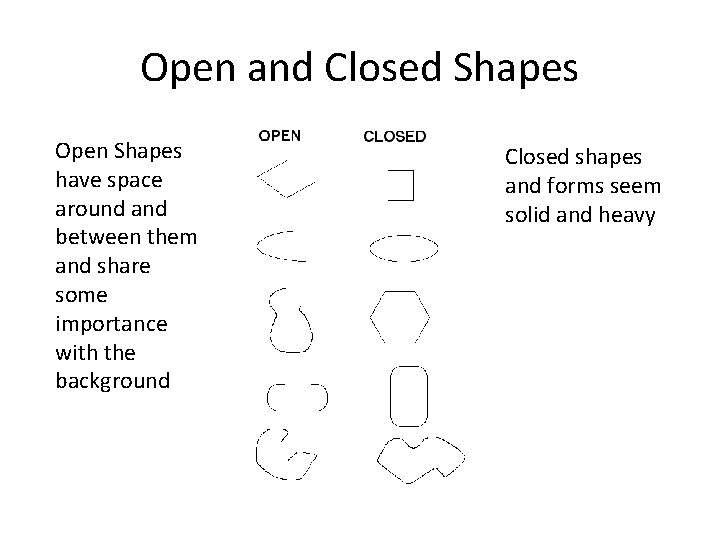 Open and Closed Shapes Open Shapes have space around and between them and share