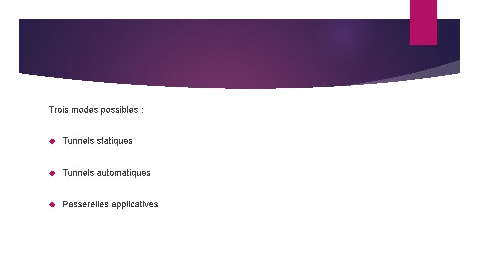 Trois modes possibles : Tunnels statiques Tunnels automatiques Passerelles applicatives 