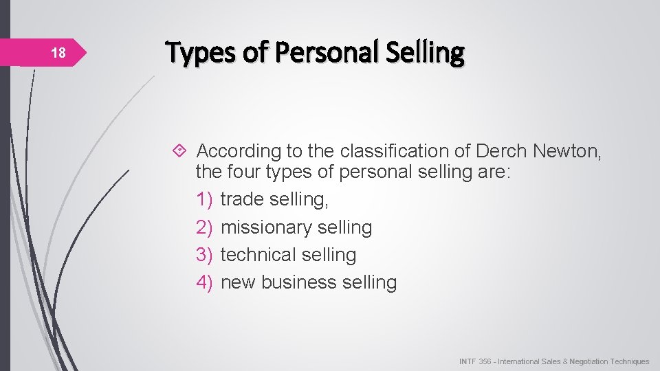 18 Types of Personal Selling According to the classification of Derch Newton, the four