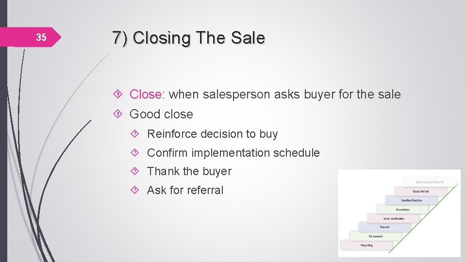 35 7) Closing The Sale Close: when salesperson asks buyer for the sale Close: