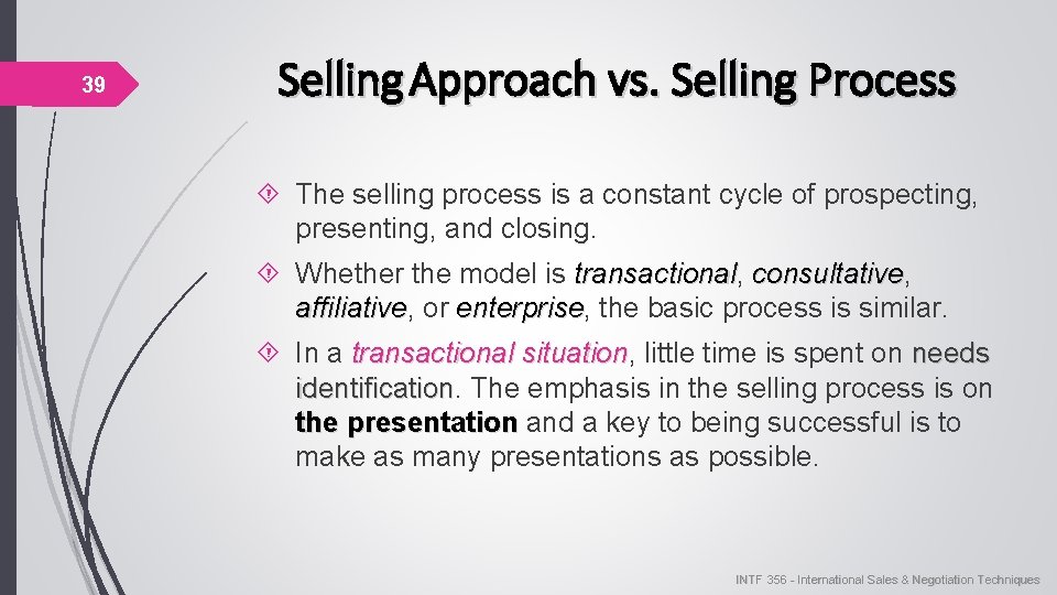 39 Selling Approach vs. Selling Process The selling process is a constant cycle of