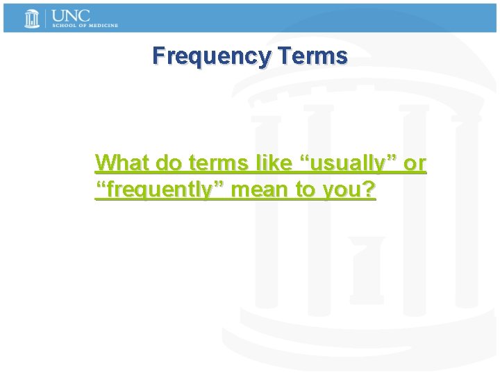 Frequency Terms What do terms like “usually” or “frequently” mean to you? 