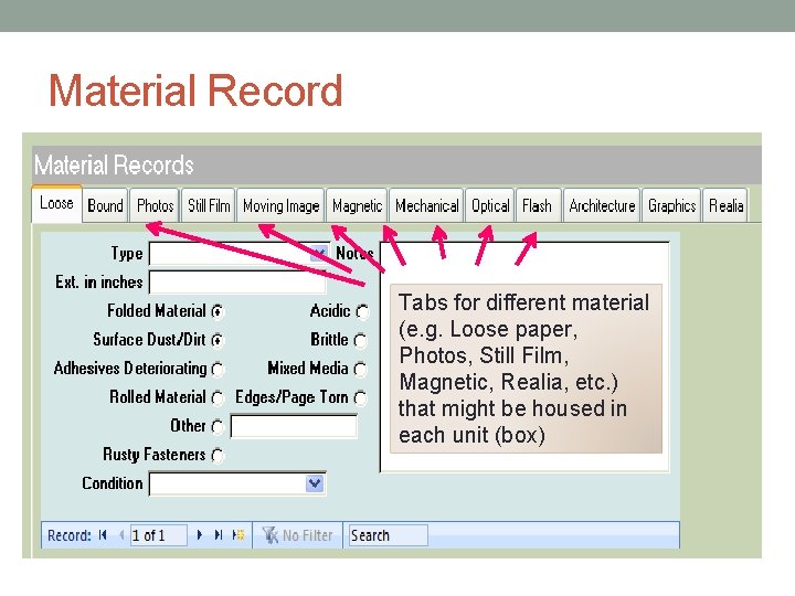 Material Record Tabs for different material (e. g. Loose paper, Photos, Still Film, Magnetic,