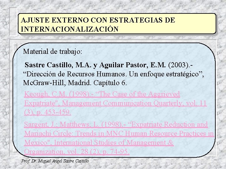 AJUSTE EXTERNO CON ESTRATEGIAS DE INTERNACIONALIZACIÓN Material de trabajo: Sastre Castillo, M. A. y