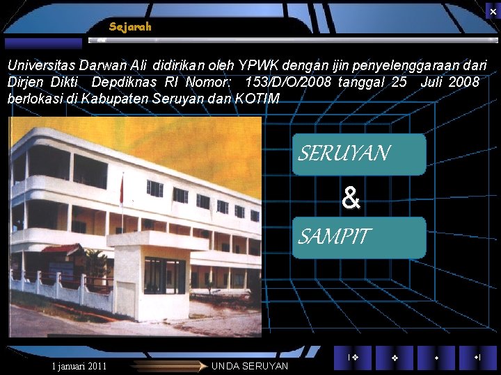 Sejarah Universitas Darwan Ali didirikan oleh YPWK dengan ijin penyelenggaraan dari Dirjen Dikti Sejarah Universitas Darwan Ali didirikan oleh YPWK dengan ijin penyelenggaraan dari Dirjen Dikti