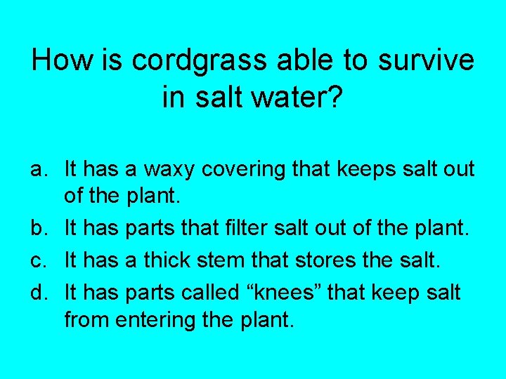 How is cordgrass able to survive in salt water? a. It has a waxy