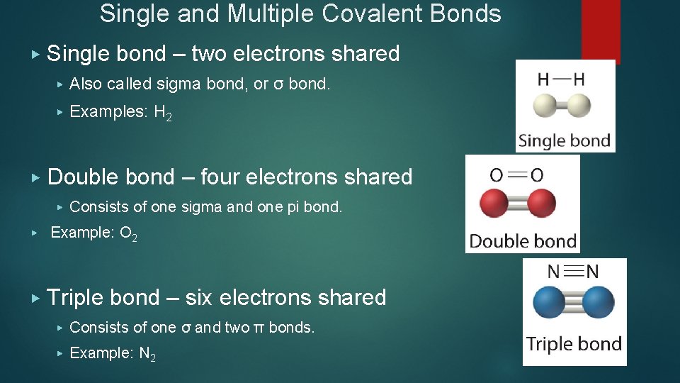 Single and Multiple Covalent Bonds ▶ ▶ Single bond – two electrons shared ▶
