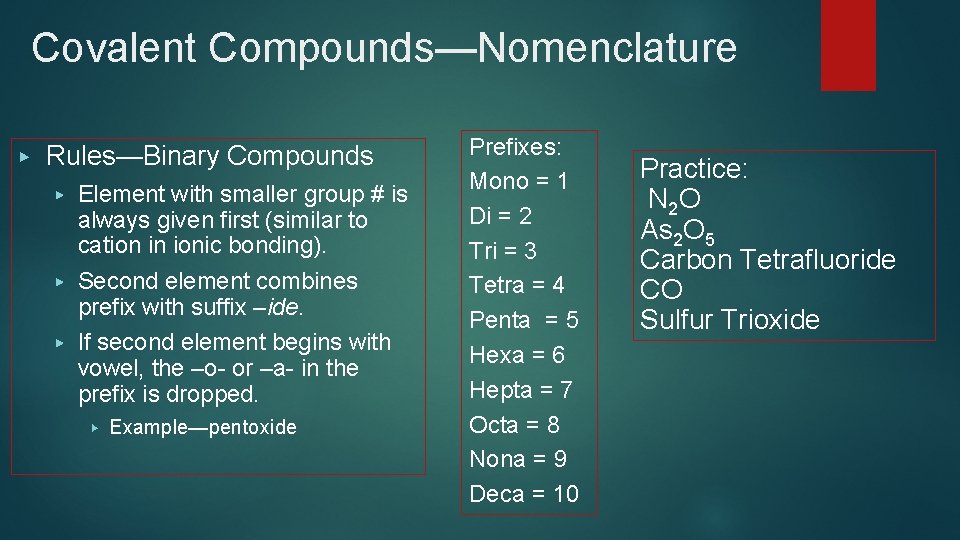 Covalent Compounds—Nomenclature ▶ Rules—Binary Compounds ▶ Element with smaller group # is always given