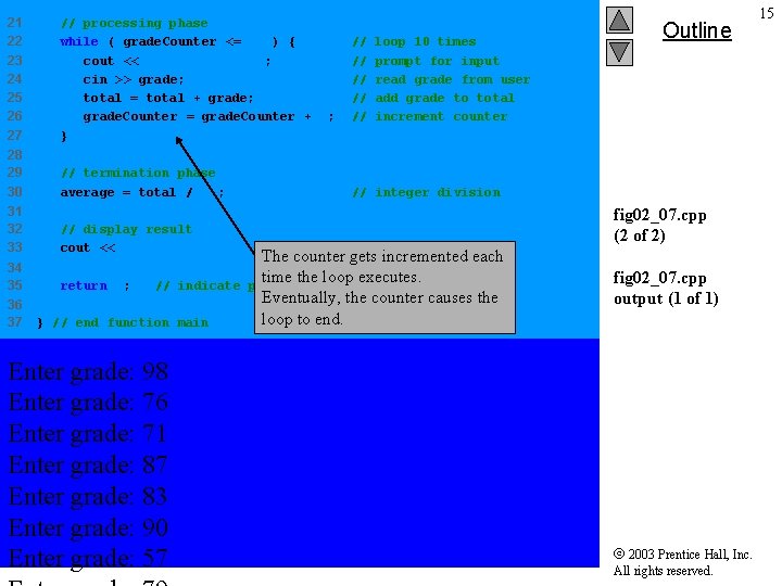 21 22 23 24 25 26 27 // processing phase while ( grade. Counter