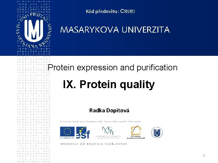 Kód předmětu: C 8980 Protein expression and purification IX. Protein quality Radka Dopitová 1