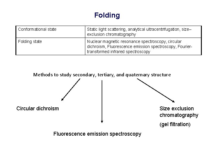 Folding Conformational state Static light scattering, analytical ultracentrifugation, size– exclusion chromatography Folding state Nuclear