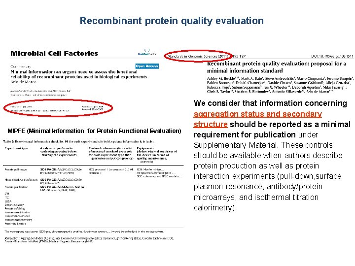 Recombinant protein quality evaluation MIPFE (Minimal Information for Protein Functional Evaluation) We consider that