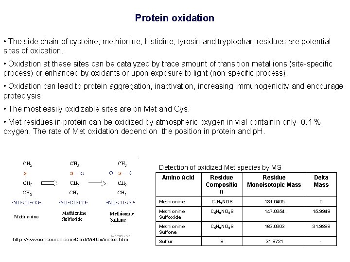 Protein oxidation • The side chain of cysteine, methionine, histidine, tyrosin and tryptophan residues