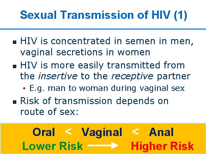 Sexual Transmission of HIV (1) n n HIV is concentrated in semen in men, Sexual Transmission of HIV (1) n n HIV is concentrated in semen in men,