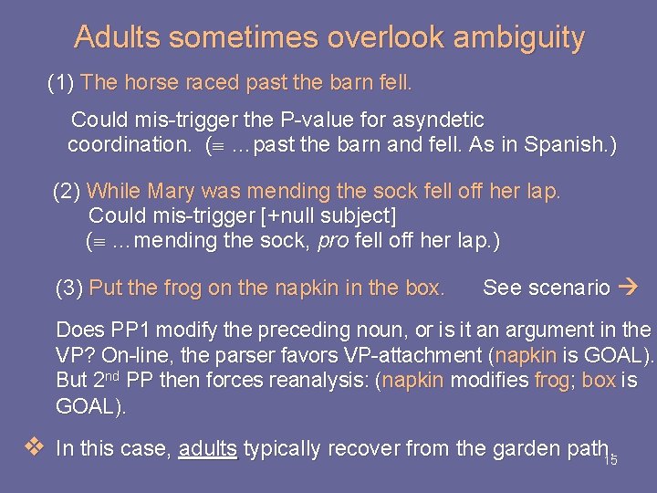 Adults sometimes overlook ambiguity (1) The horse raced past the barn fell. Could mis-trigger Adults sometimes overlook ambiguity (1) The horse raced past the barn fell. Could mis-trigger
