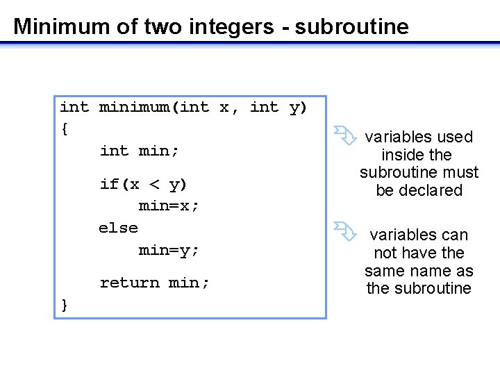 Minimum of two integers - subroutine int minimum(int x, int y) { int min;