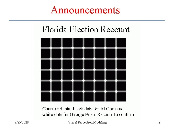 Announcements 9/25/2020 Visual Perception Modeling 2 
