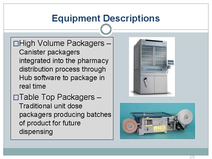 Equipment Descriptions �High Volume Packagers – Canister packagers integrated into the pharmacy distribution process