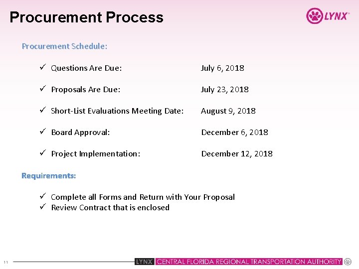 Procurement Process Procurement Schedule: ü Questions Are Due: July 6, 2018 ü Proposals Are