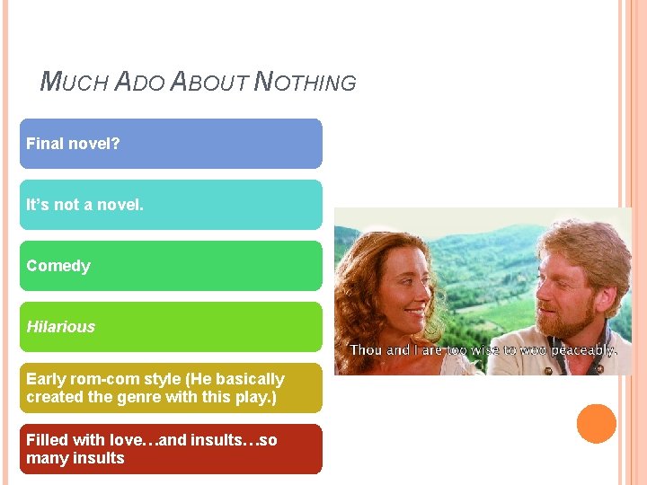 MUCH ADO ABOUT NOTHING Final novel? It’s not a novel. Comedy Hilarious Early rom-com