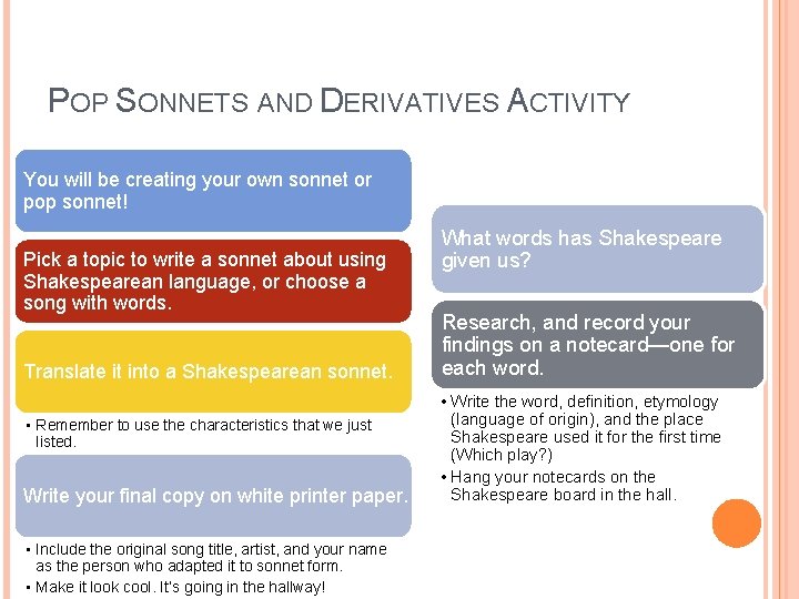 POP SONNETS AND DERIVATIVES ACTIVITY You will be creating your own sonnet or pop