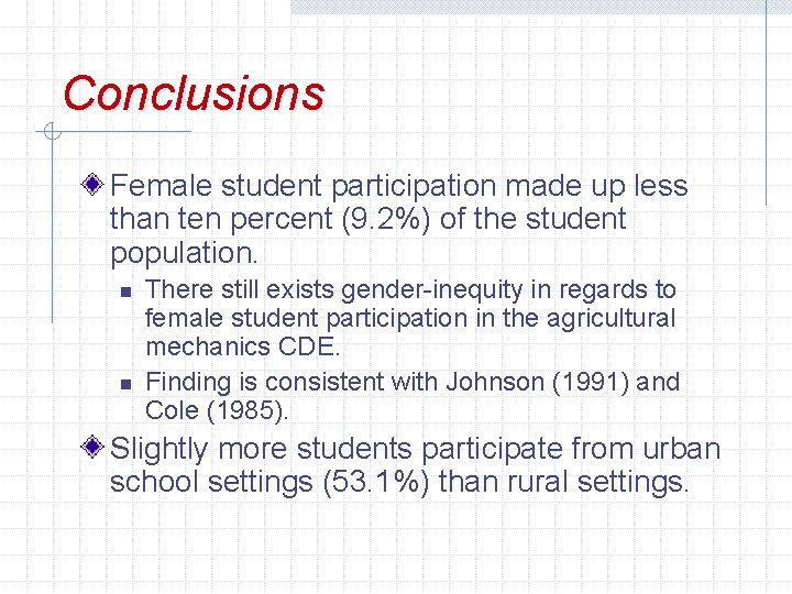 Conclusions Female student participation made up less than ten percent (9. 2%) of the