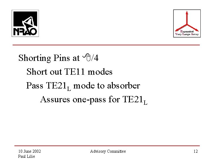 Shorting Pins at /4 Short out TE 11 modes Pass TE 21 L mode