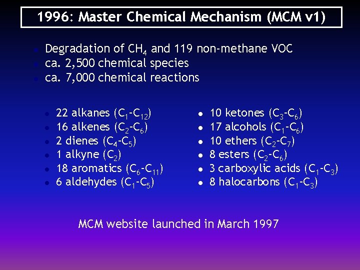1996: Master Chemical Mechanism (MCM v 1) l l l Degradation of CH 4