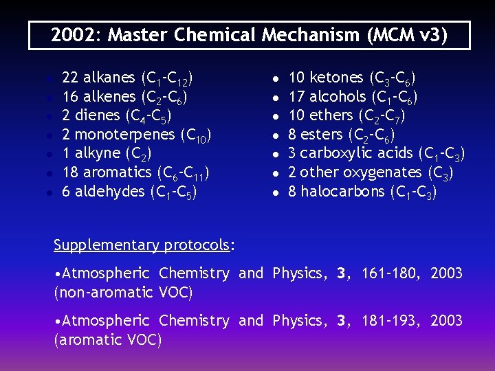 2002: Master Chemical Mechanism (MCM v 3) l l l l 22 alkanes (C