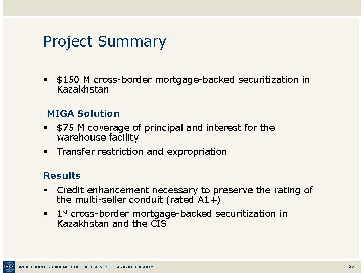 Project Summary § $150 M cross-border mortgage-backed securitization in Kazakhstan MIGA Solution § $75