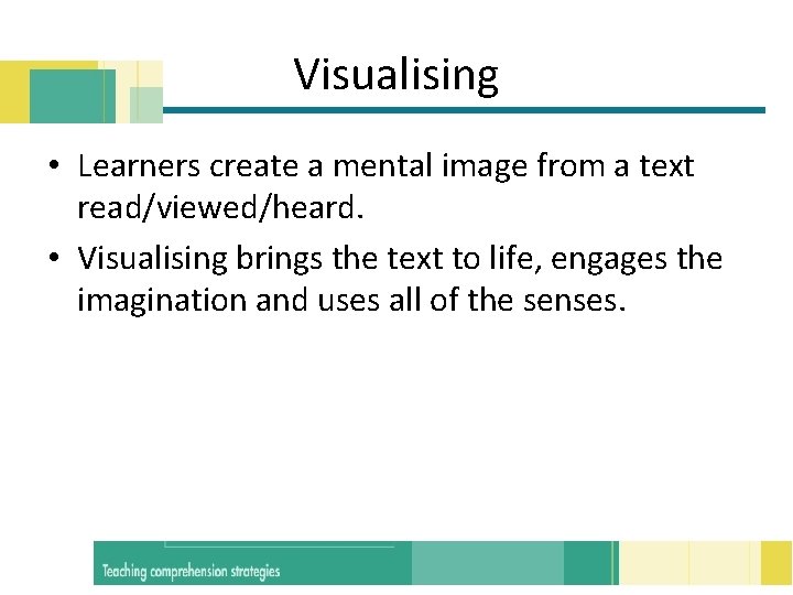 Visualising • Learners create a mental image from a text read/viewed/heard. • Visualising brings