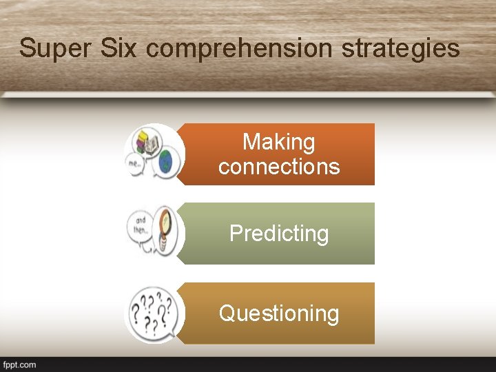 Super Six comprehension strategies Making connections Predicting Questioning 