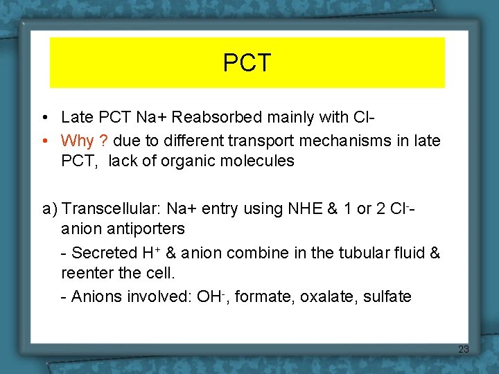 PCT • Late PCT Na+ Reabsorbed mainly with Cl • Why ? due to