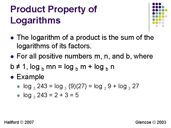 Product Property of Logarithms The logarithm of a product is the sum of the Product Property of Logarithms The logarithm of a product is the sum of the