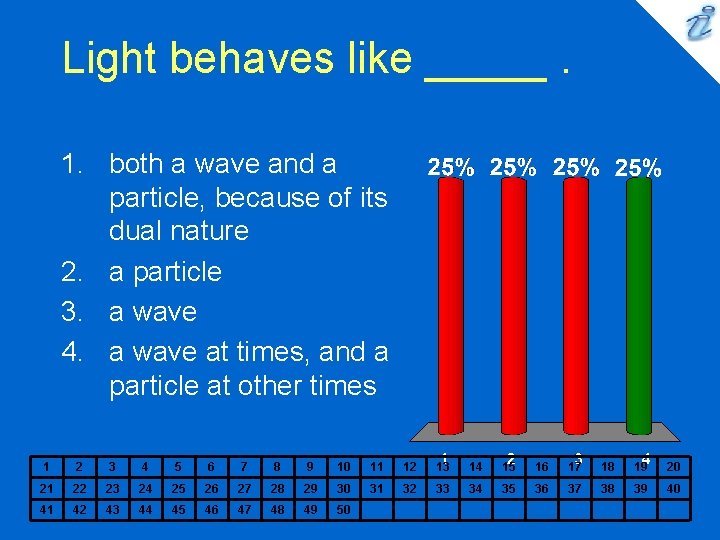 Light behaves like _____. 1. both a wave and a particle, because of its