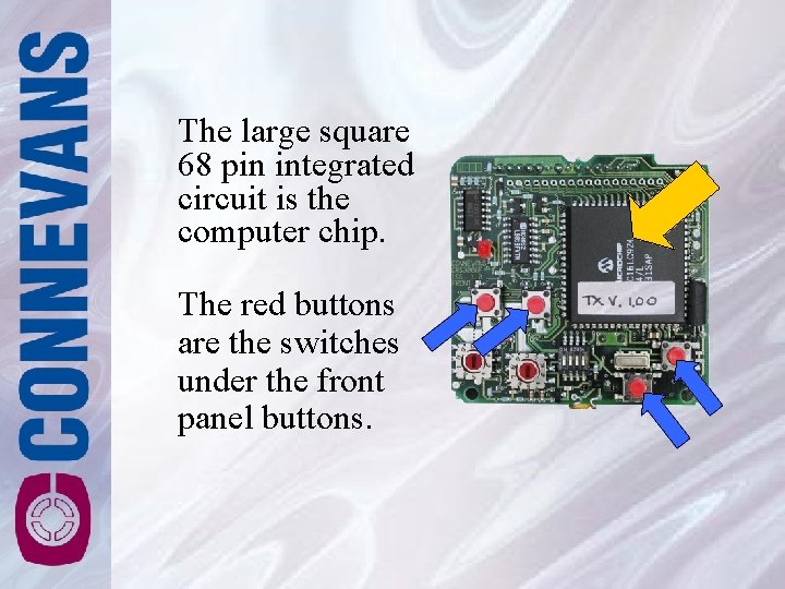 The large square 68 pin integrated circuit is the computer chip. The red buttons The large square 68 pin integrated circuit is the computer chip. The red buttons