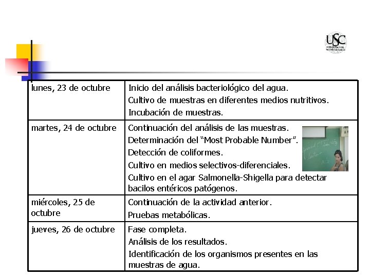 lunes, 23 de octubre Inicio del análisis bacteriológico del agua. Cultivo de muestras en